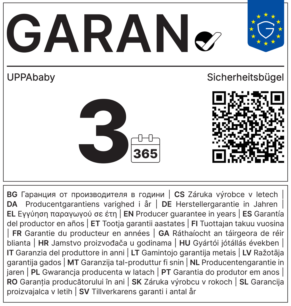 Vollständiges GARAN-Label, 3 Jahre Garantie auf Sicherheitsbügel für 'Minu V3' Black