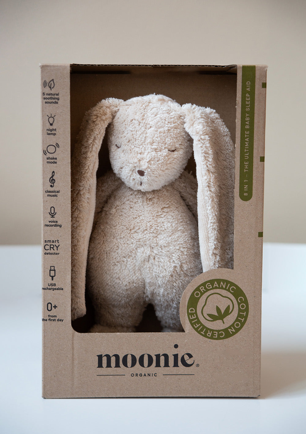 Moonie Hase mit Licht 'Organic Humming Bunny 2.0' sand natur Verpackung