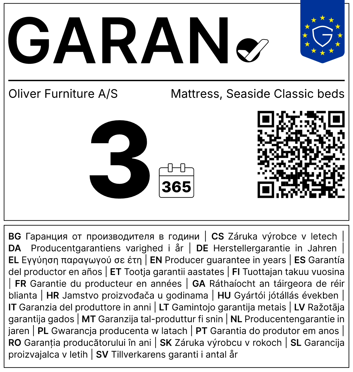 Vollständiges GARAN-Label, 3 Jahre Garantie auf Matratze für Bett 'Seaside Classic' 200 × 90 cm