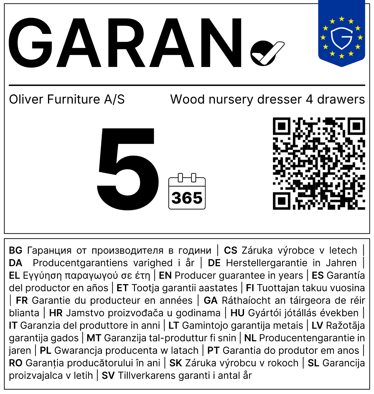 Vollständiges GARAN-Label, 5 Jahre Garantie auf Kommode 'Wood' 4 Schubladen weiß/Eiche