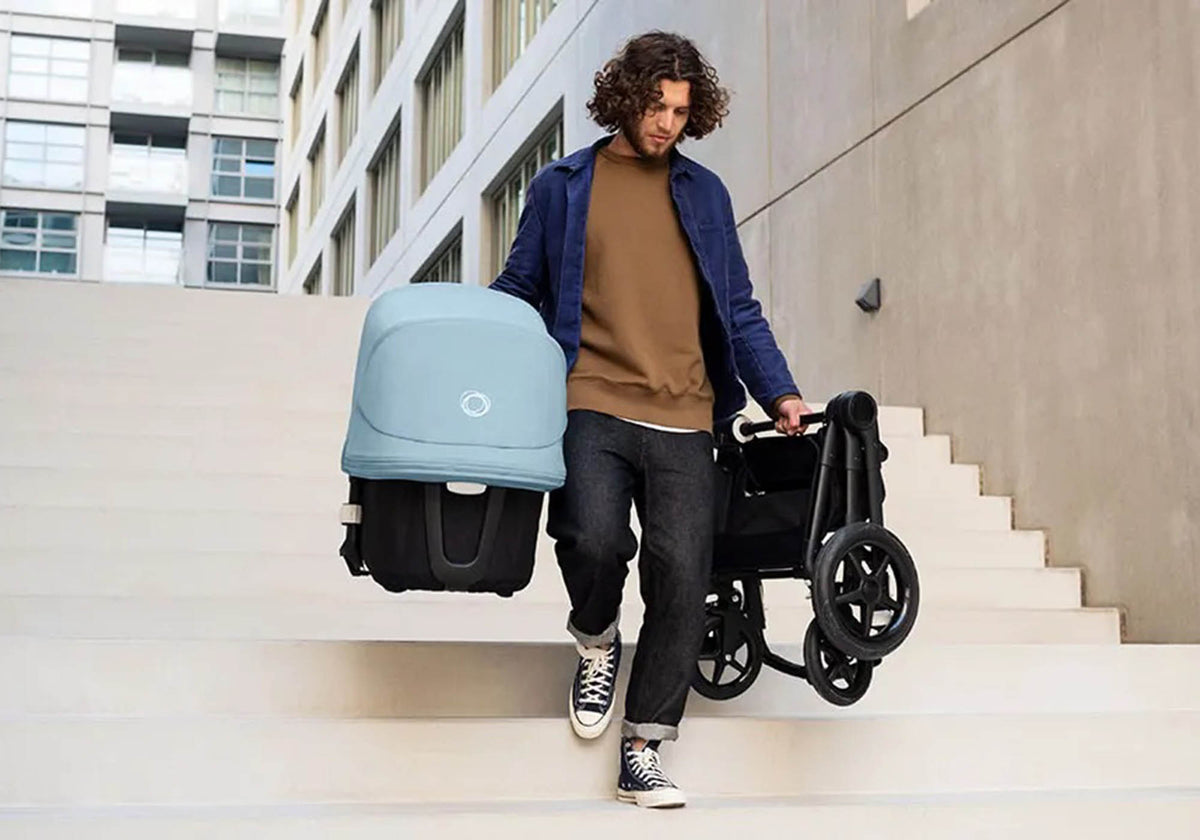 Kinderwagen Lifestyle "ohne Auto", viel unterwegs mit öffentlichen Verkehrsmitteln - im Bild: Kinderwagen von Bugaboo wird zusammengeklappt Treppe runtergetragen