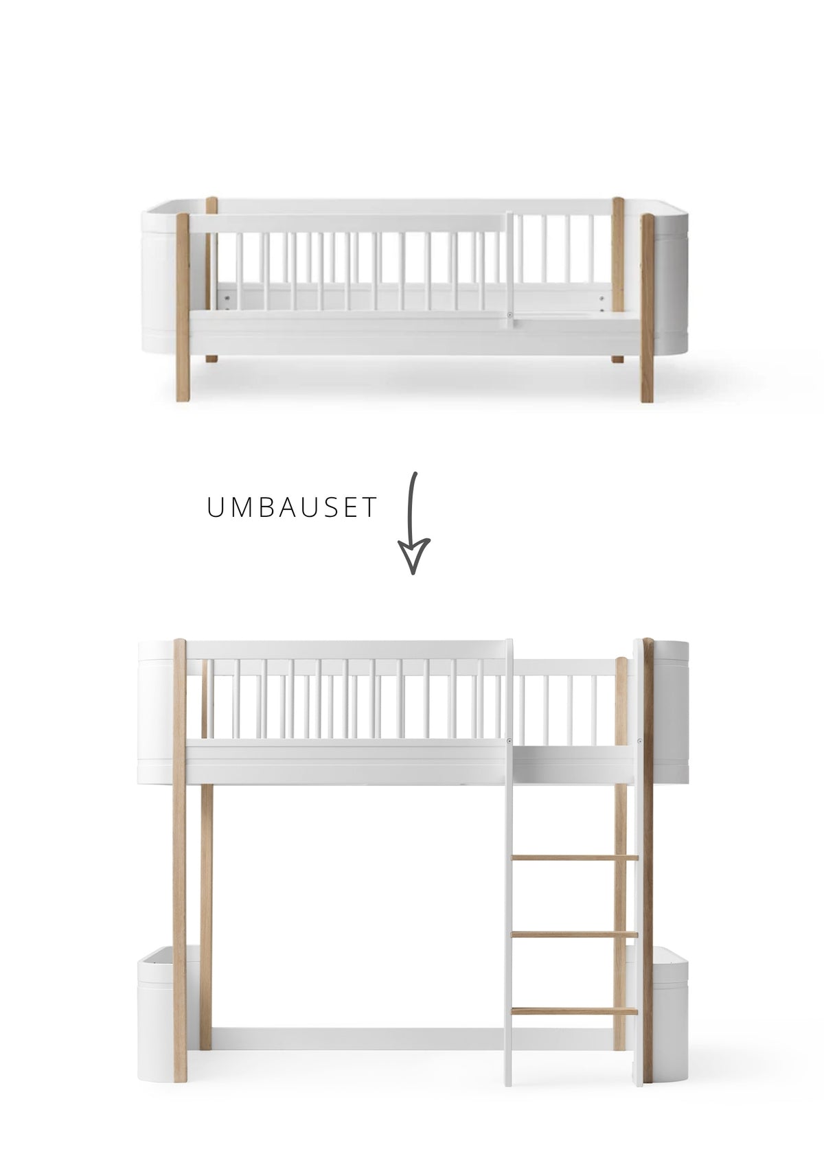 Oliver Furniture Umbauset für 'Wood Mini+' Babybett inkl. Junior-Erweiterung zum halbhohen Hochbett Weiß / Eiche