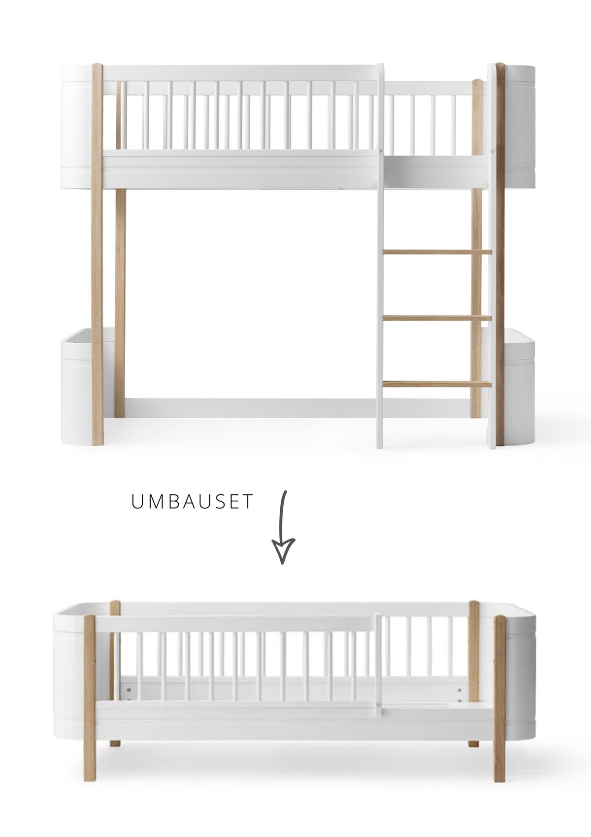 Oliver Furniture Umbauset für 'Wood Mini+' halbhohes Hochbett zum Juniorbett Weiß / Eiche