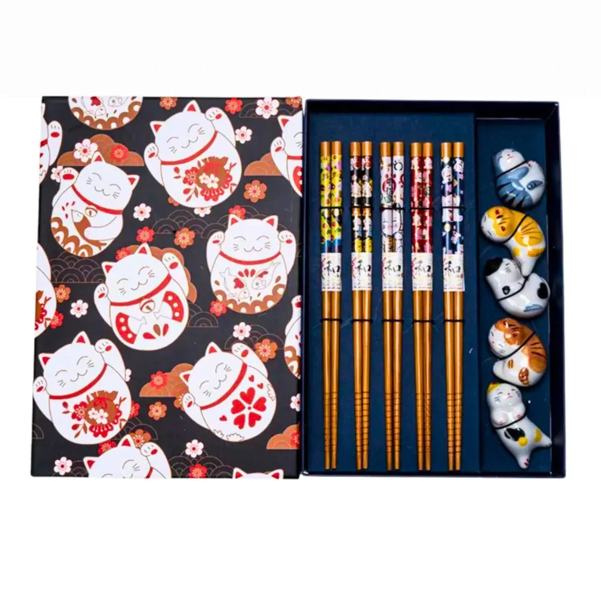 CUTE CATS BAMBOO CHOPSTICKS AND RESTS GIFT SET