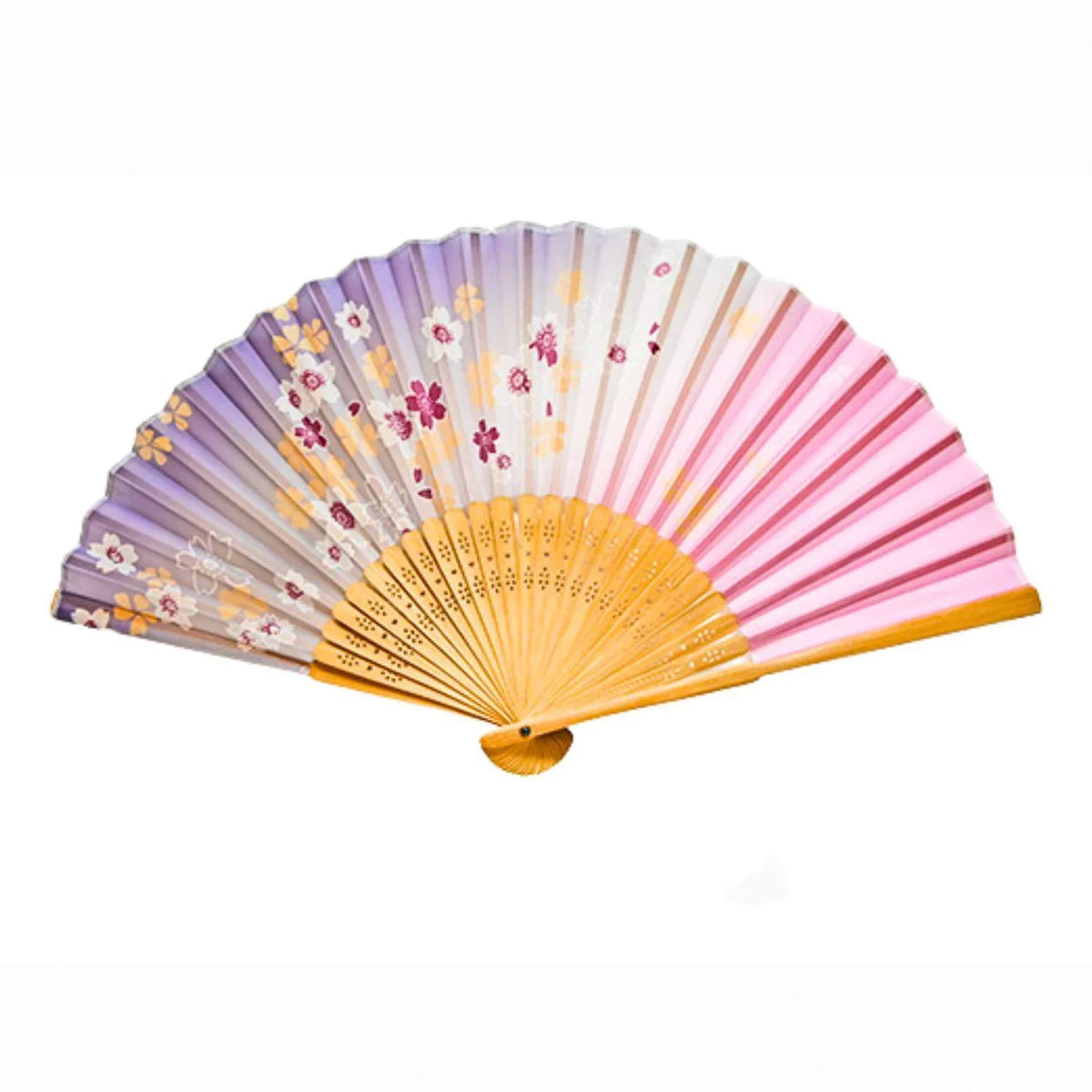 PURPLE FLOWER - 9"L POLY FAN W/BAMBOO HANDLE