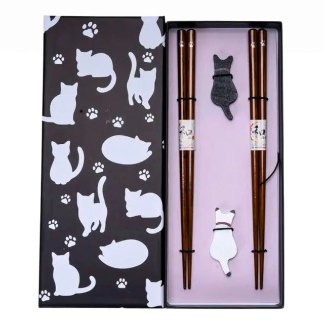 Black White Cat 2 Pair Wooden Chopsticks and Chopsticks Rests Gift Set - GOHAN Market