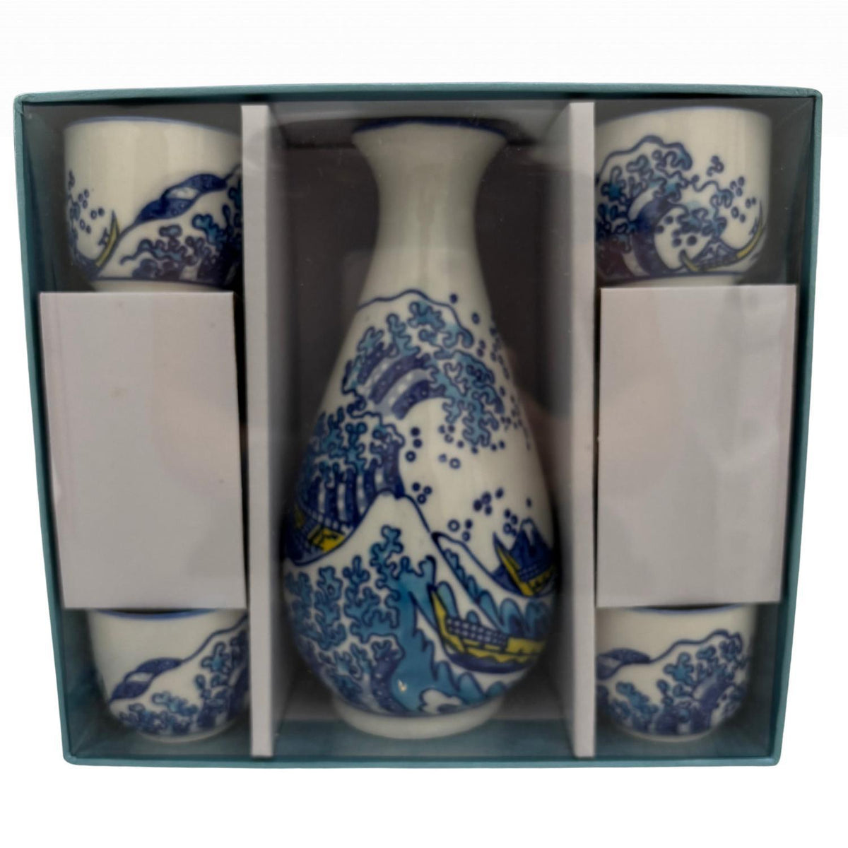 Great Wave Porcelain Glazed 10 oz Sake Bottle and 4 Cups Gift Set - GOHAN Market