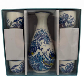 Great Wave Porcelain Glazed 10 oz Sake Bottle and 4 Cups Gift Set - GOHAN Market