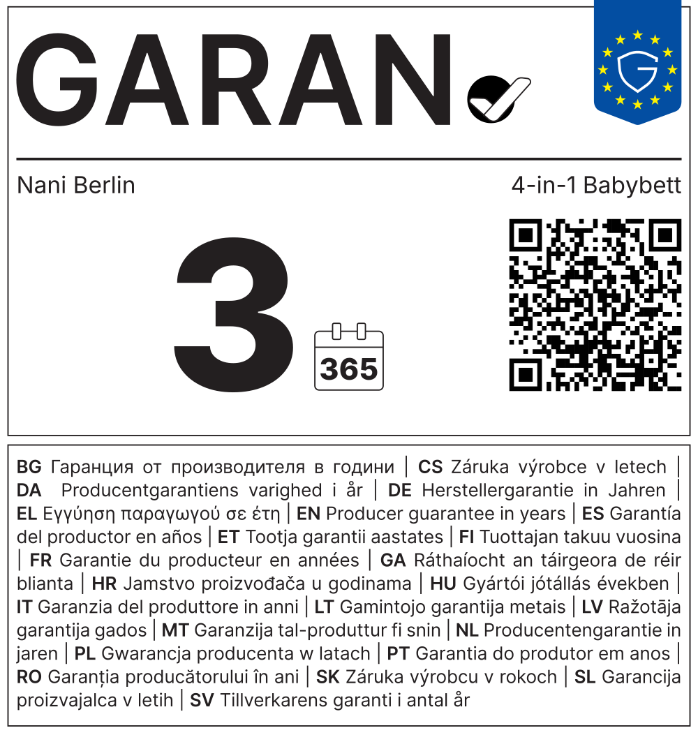 Vollständiges GARAN-Label, 3 Jahre Garantie auf 4-in-1 mitwachsendes Babybett 112-148 x 60 cm