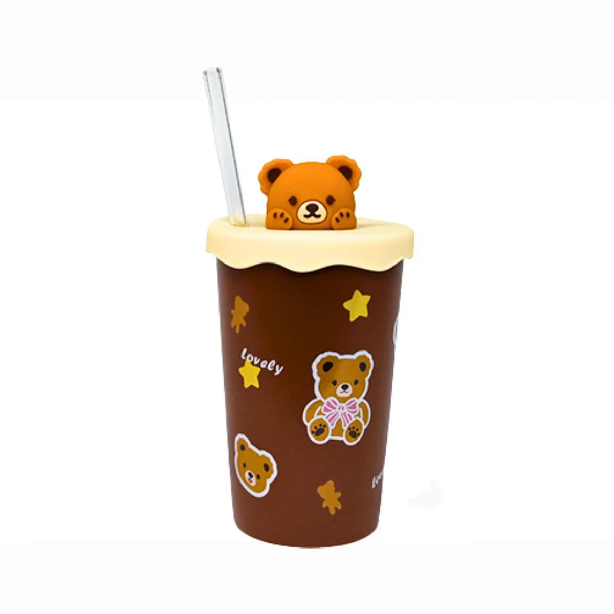 BROWN BEAR - 5.25"H CUP W/LID/STRAW 140Z
