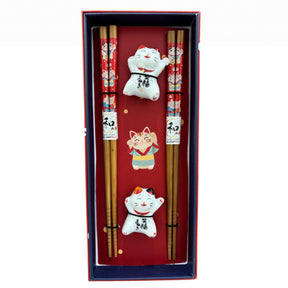 Lucky Cat Neko 2 Pair Chopsticks and Rests Git Set - GOHAN Market