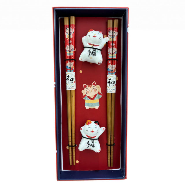 Lucky Cat Neko 2 Pair Chopsticks and Rests Git Set - GOHAN Market