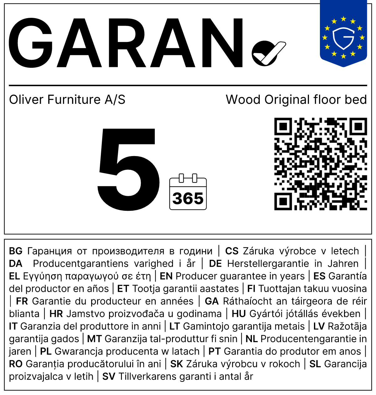 Vollständiges GARAN-Label, 5 Jahre Garantie auf Bodenbett 'Wood Original' Weiß / Eiche 200 x 90 cm
